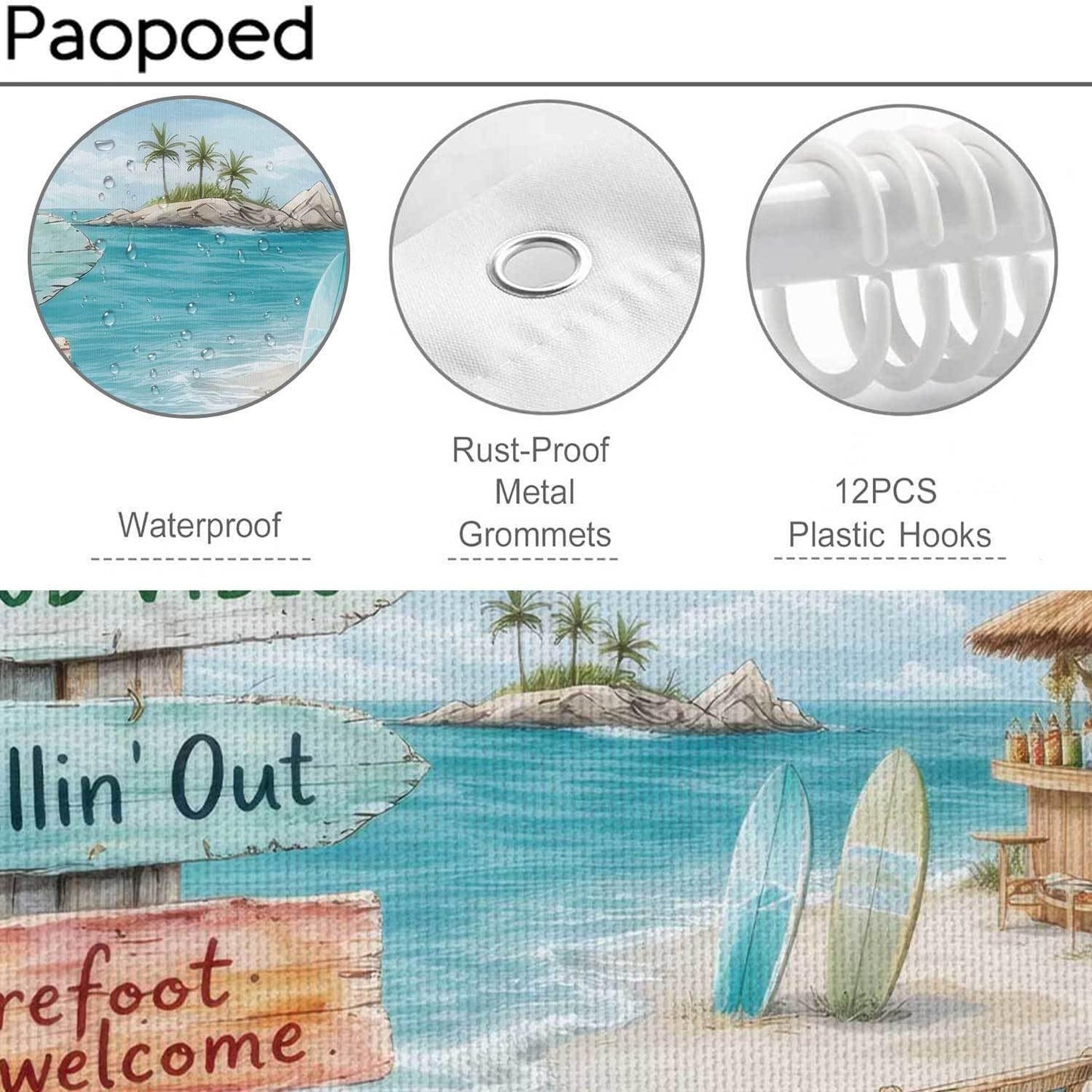 PAOPOED Beach Shower Curtain 72x72 Inch, Coastal Ocean Bathroom Curtain with Tropical Surf Sign, Waterproof Fabric, Farmhouse Summer Beach Decor, 12 Hooks Included