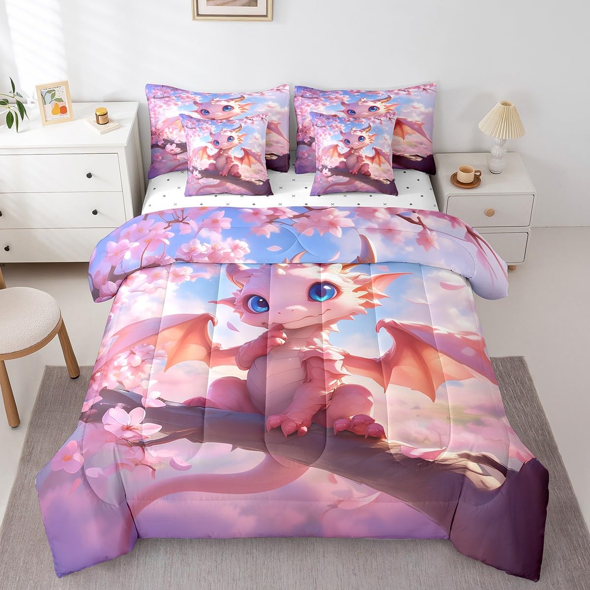 7 Pieces Cartoon Dragon Comforter Set Queen,Pink Cherry Blossom Bed Set for Kids Boys Girls,Flower Botanical Bedding(1 Comforter,1 Fitted Sheet,1 Flat Sheet,2 Pillowcases,2 Throw Pillow Cover)