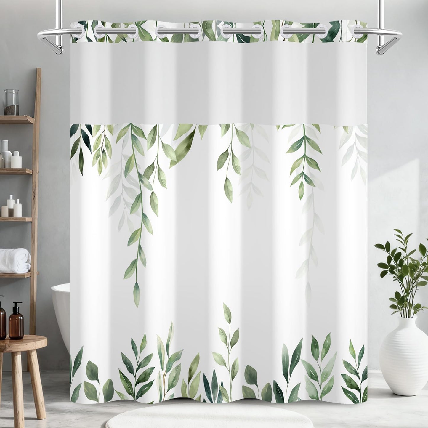 No Hook Light Green Leaves Shower Curtain with Snap in Liner, Waterproof Double Layers Fabric Shower Curtain, Modern Farmhouse Nature Botanical Bathroom Curtains with Top Sheer Window, 71x74 Inch