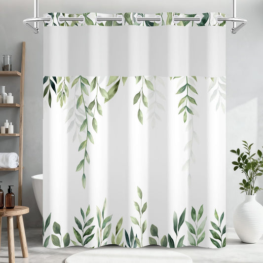 No Hook Light Green Leaves Shower Curtain with Snap in Liner, Waterproof Double Layers Fabric Shower Curtain, Modern Farmhouse Nature Botanical Bathroom Curtains with Top Sheer Window, 71x74 Inch