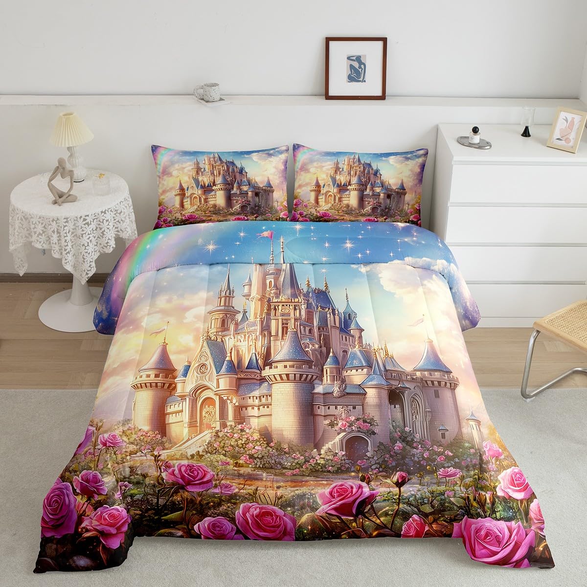 Cartoon Castle Kids Comforter Set Twin Size,Rose Flowers Tale Princess Dreamy Bedding Set,Girls Women Room Decor,Starry Sky Cloud Romantic Down Comforter,Pink Fashion Duvet Insert,1 Pillowcase