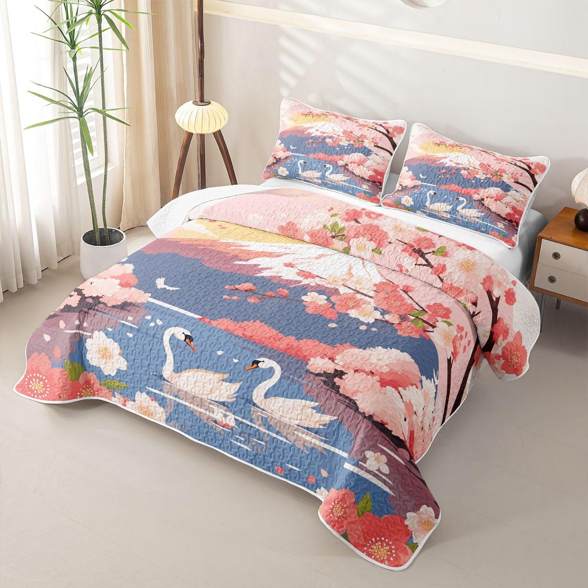 Erosebridal Pink Japanese Quilt Twin Size - Japanese Cherry Blossom Bedspread Mount Fuji White Crane Bed Coverlet with 1 Pillowcase