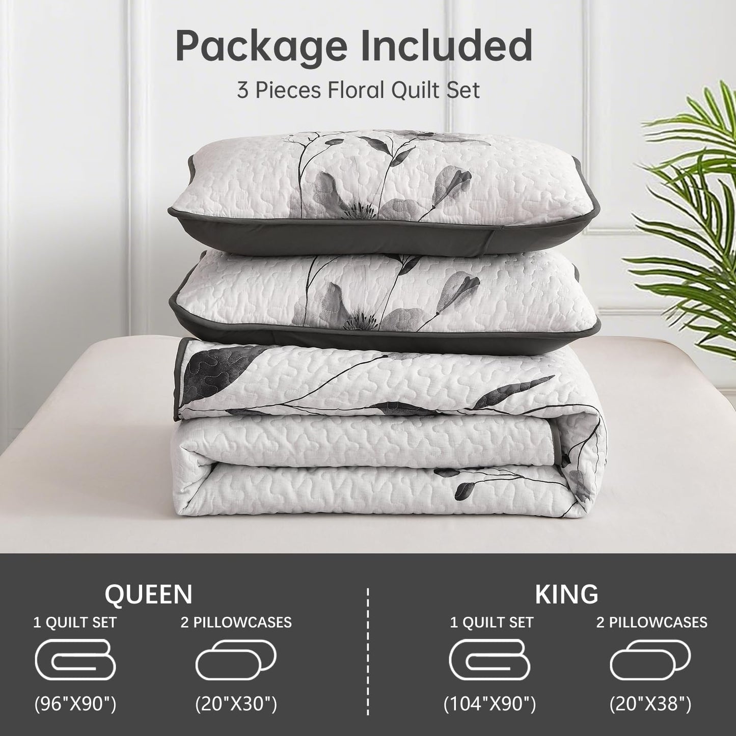 Mybedsoul Floral Quilt Set King Size, 3 Pieces Grey Bedspread Coverlet Set, Lightweight Farmhouse Botanical Bedding Set for Fall Winter All Season(104"x90")