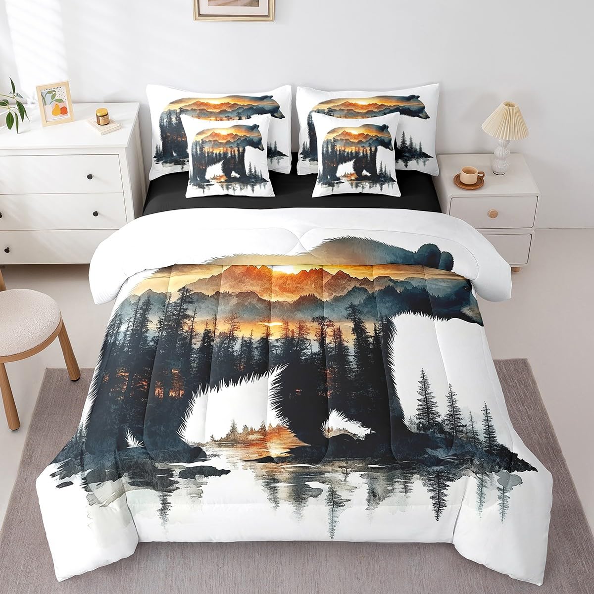 Feelyou Bear Comforter Set 7 Pieces Full Size Rustic Cabin Country Bedding Set for Boys Girls Nature Wildlife Bed in a Bag with Comforter, Sheets, Pillowcases & Cushion Covers