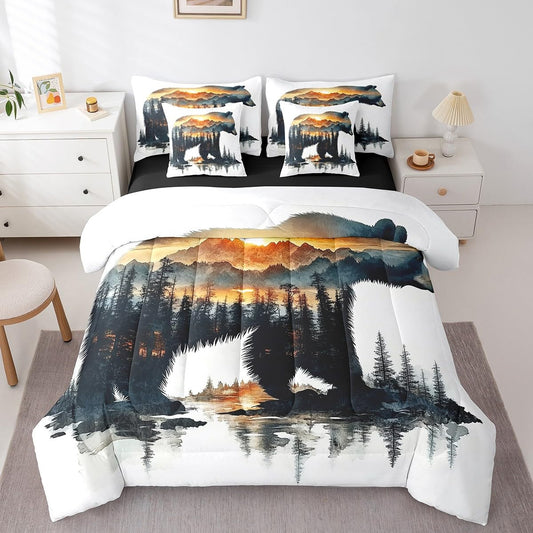 Feelyou Bear Comforter Set 7 Pieces Full Size Rustic Cabin Country Bedding Set for Boys Girls Nature Wildlife Bed in a Bag with Comforter, Sheets, Pillowcases & Cushion Covers