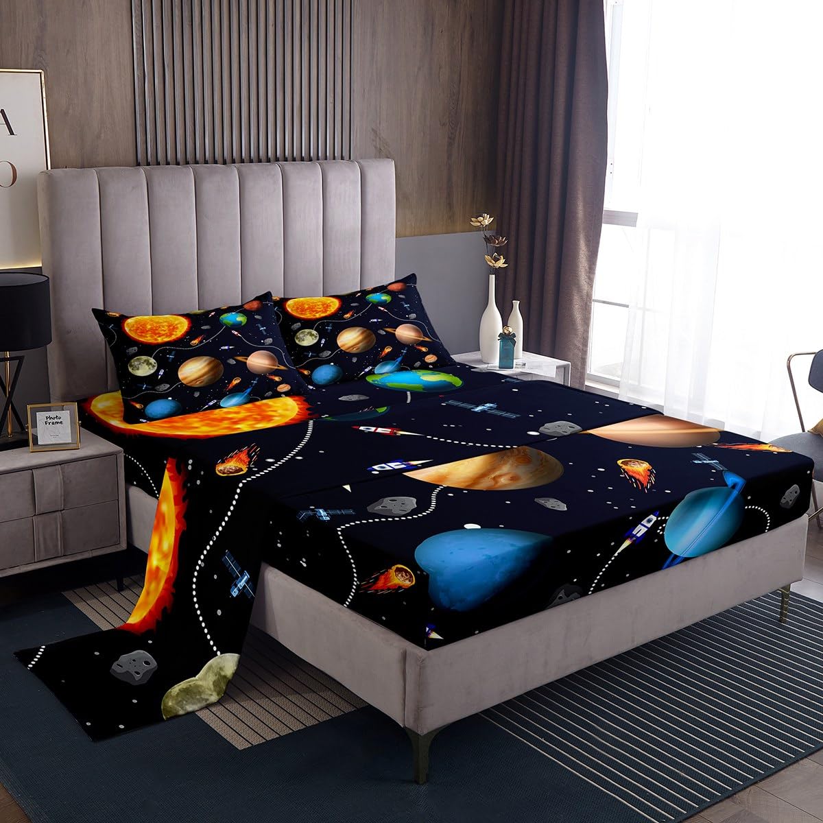 Erosebridal Solar System Sheet Set Full,Astronomy Planets Bed Sheets for Kids Boys Girls,Child Outer Space Theme Bedding Set Bedroom Decor,Rocket Starry Sky Fitted Sheet + Top Sheet + 2 Pillowcases
