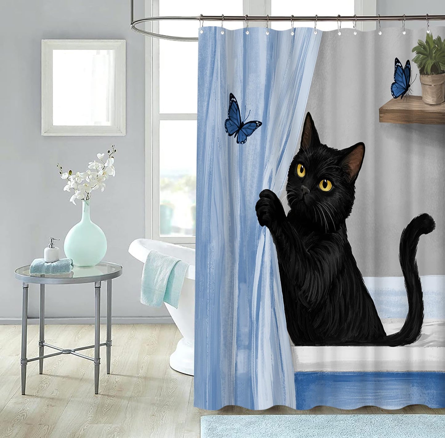 Conipit Cat Shower Curtain Cat with Butterflies Bathroom Curtain, Polyester, 72x72 Inches, Waterproof Bathroom Decor (Blue)