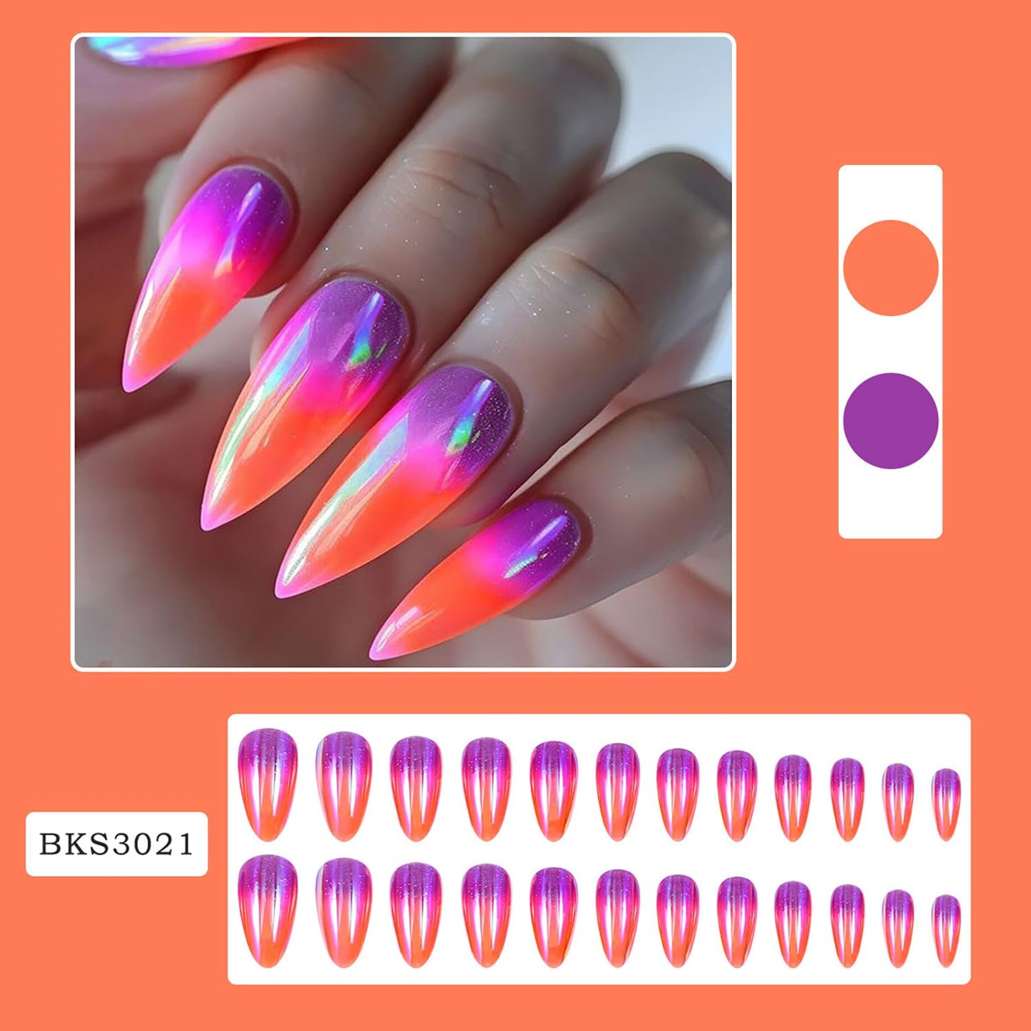 Almond Tip Press on Nails Medium Gradient Aurora False Nails Purple and Orange Design Full Cover Coffin Nails Artificial Stick on Nails Glossy Acrylic Nails Reusable Glue on Nails for Women 24Pcs