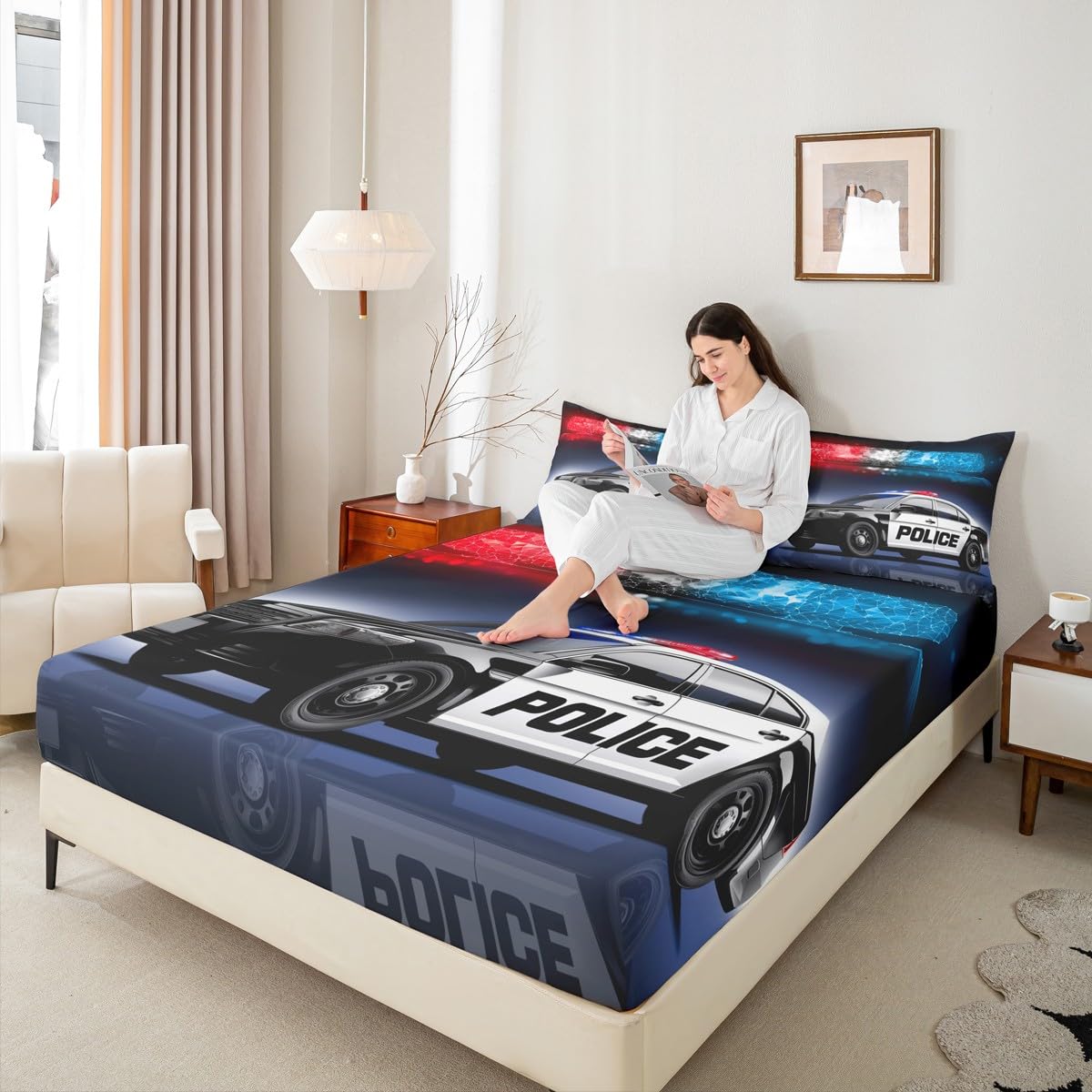 Erosebridal Boys Police Car Bed Sheet Set King Size Kids Children Policeman Vehicle Bedding Sets Red Blue Cop Lights Sheet Set Geometric Graphic Deep Pocket Fitted Sheet+ Flat Sheet + 1 Pillow Case