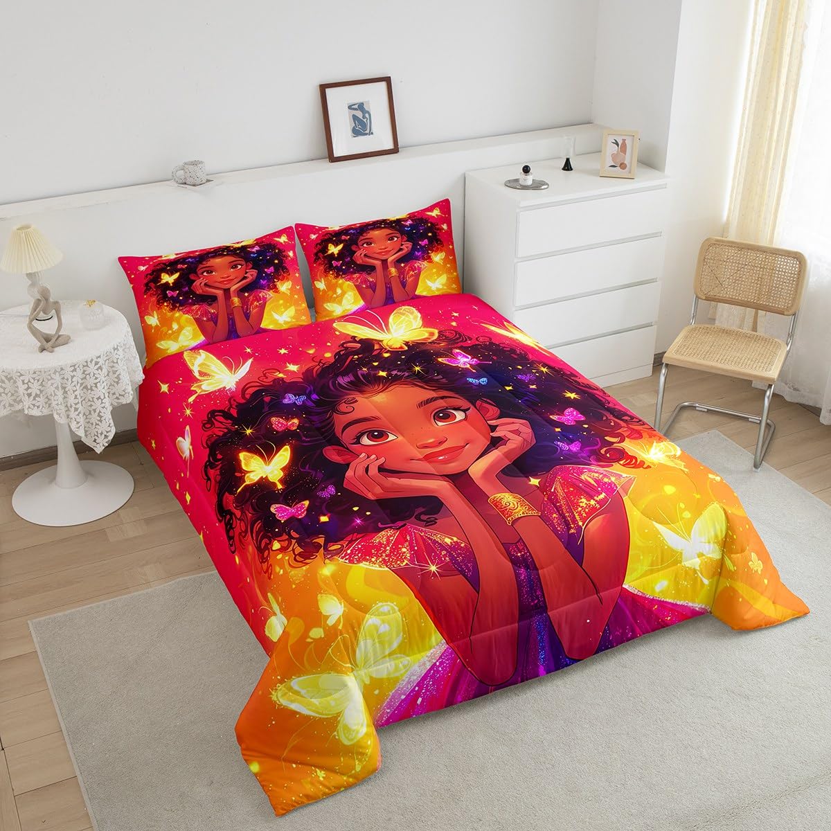 Erosebridal Black Girls Bedding Set Glitter Butterfly Afro Girl Twin Comforter Set for Girls,American African Princess Magical Quilt for Toddler Kids Teenager,Kawaii Room Decor