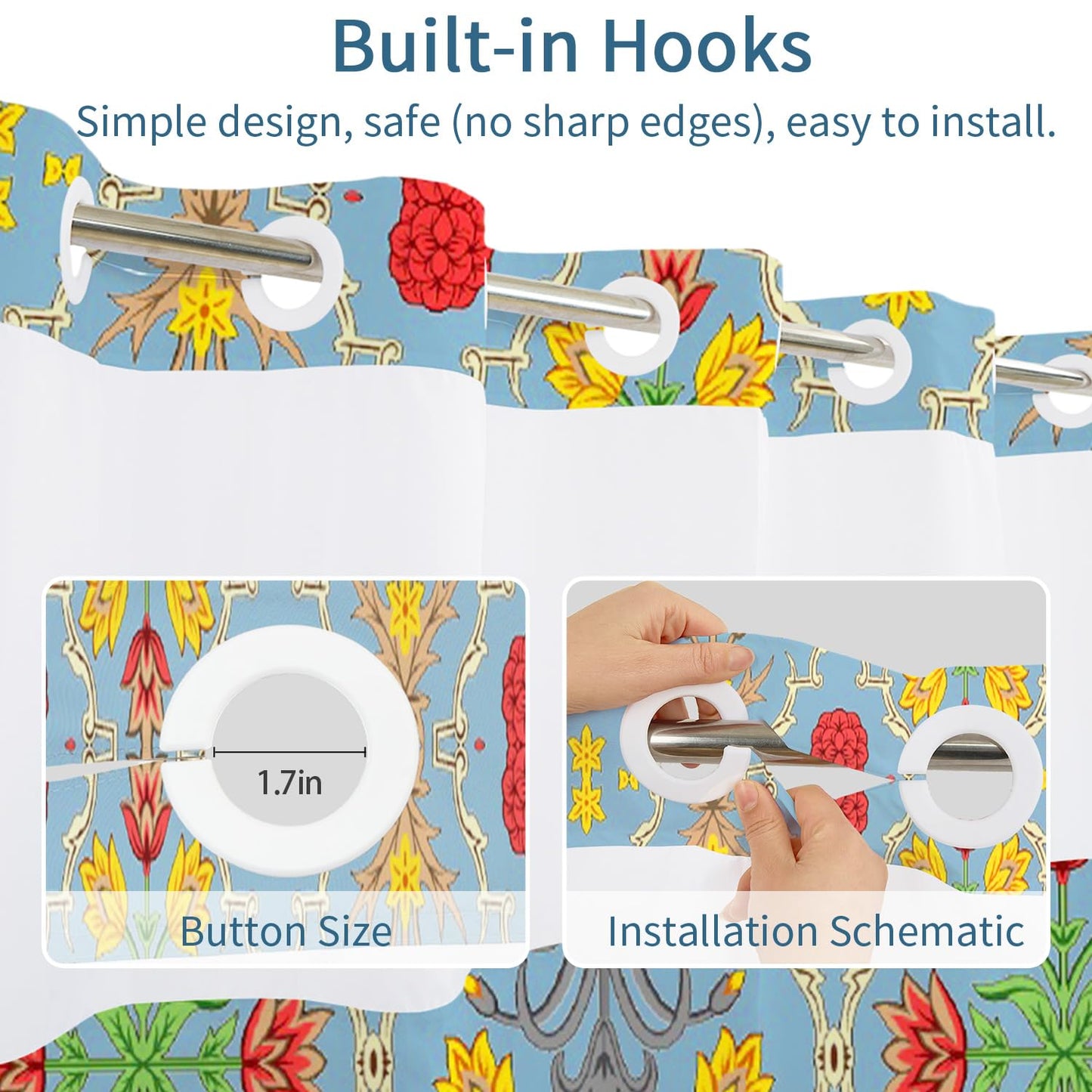 NAEMBCU Blue Floral No Hook Shower Curtain with Snap in Liner Set 71x74 in