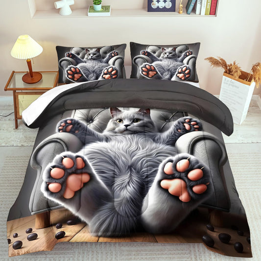 llyxsesty Cute Cat Comforter Set Queen,Grey Kawaii Cat Bedding Set Adult,Cute Animal Comforter for Boy,American Shorthair Bedding Grey,Kawaii Animal Print Quilt Bedroom Decor Kids