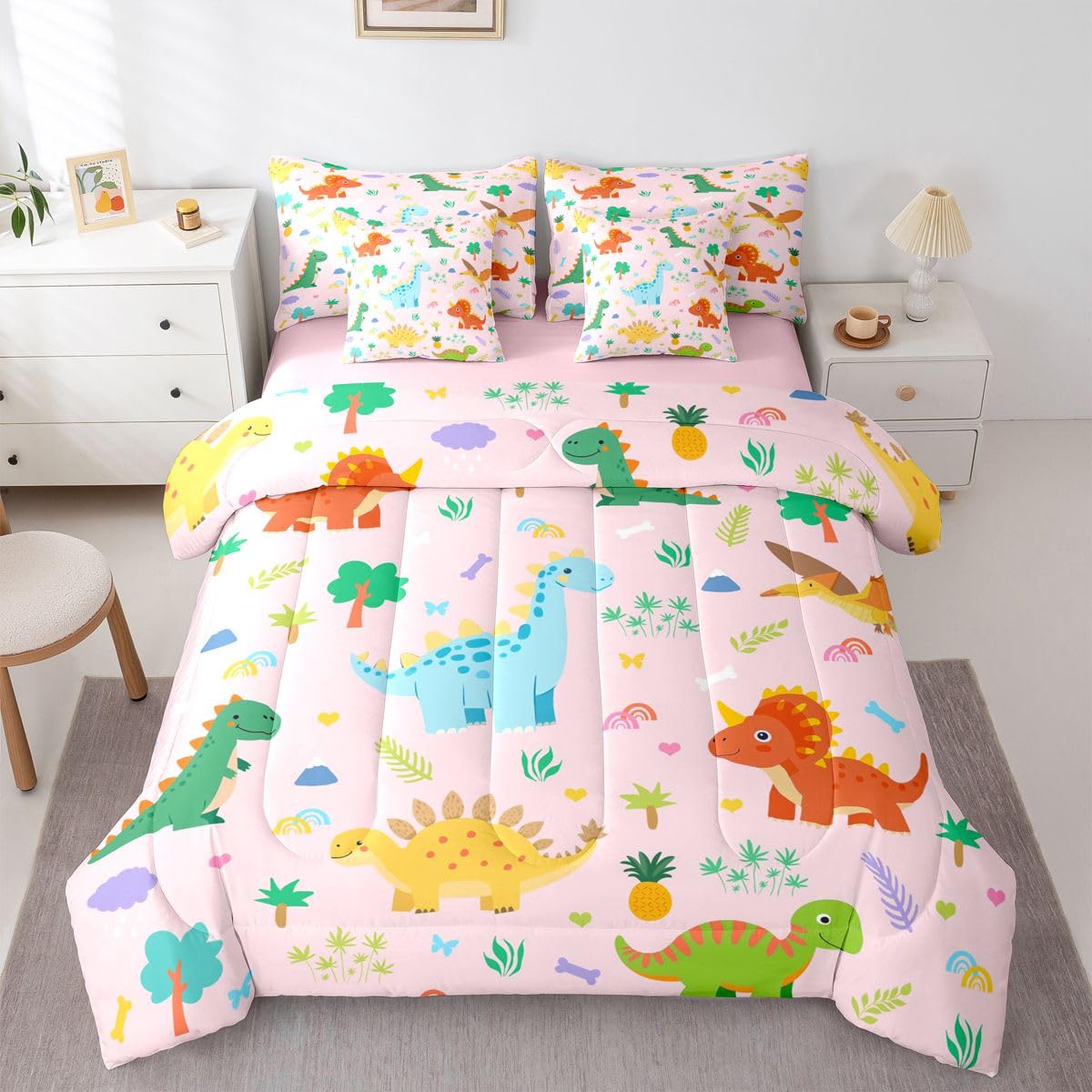 Feelyou Kids Cute Dinosaur Comforter Set with Sheets 7 Piece Full Size Pink Dinosaur Bed in a Bag Kids Boys Girls Cute Animal Bedding Set Bedroom Decor Breathable Soft Lightweight Microfiber