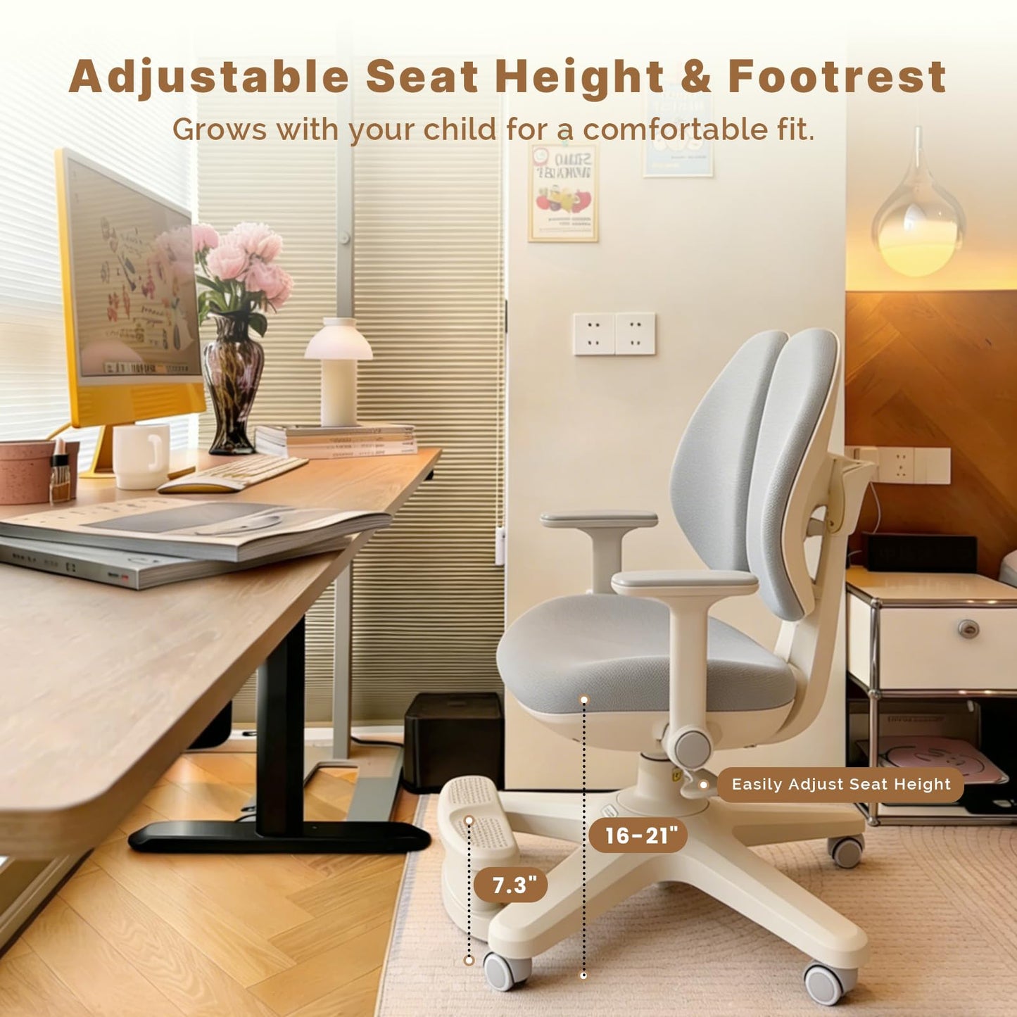 Ergonomic Kids Desk Chair with Adaptive Back Support, Adjustable Footrest, and 90° Flip-Up Armrests — Breathable Study Chair for Ages 3-12, Fits Home Office and Bedroom