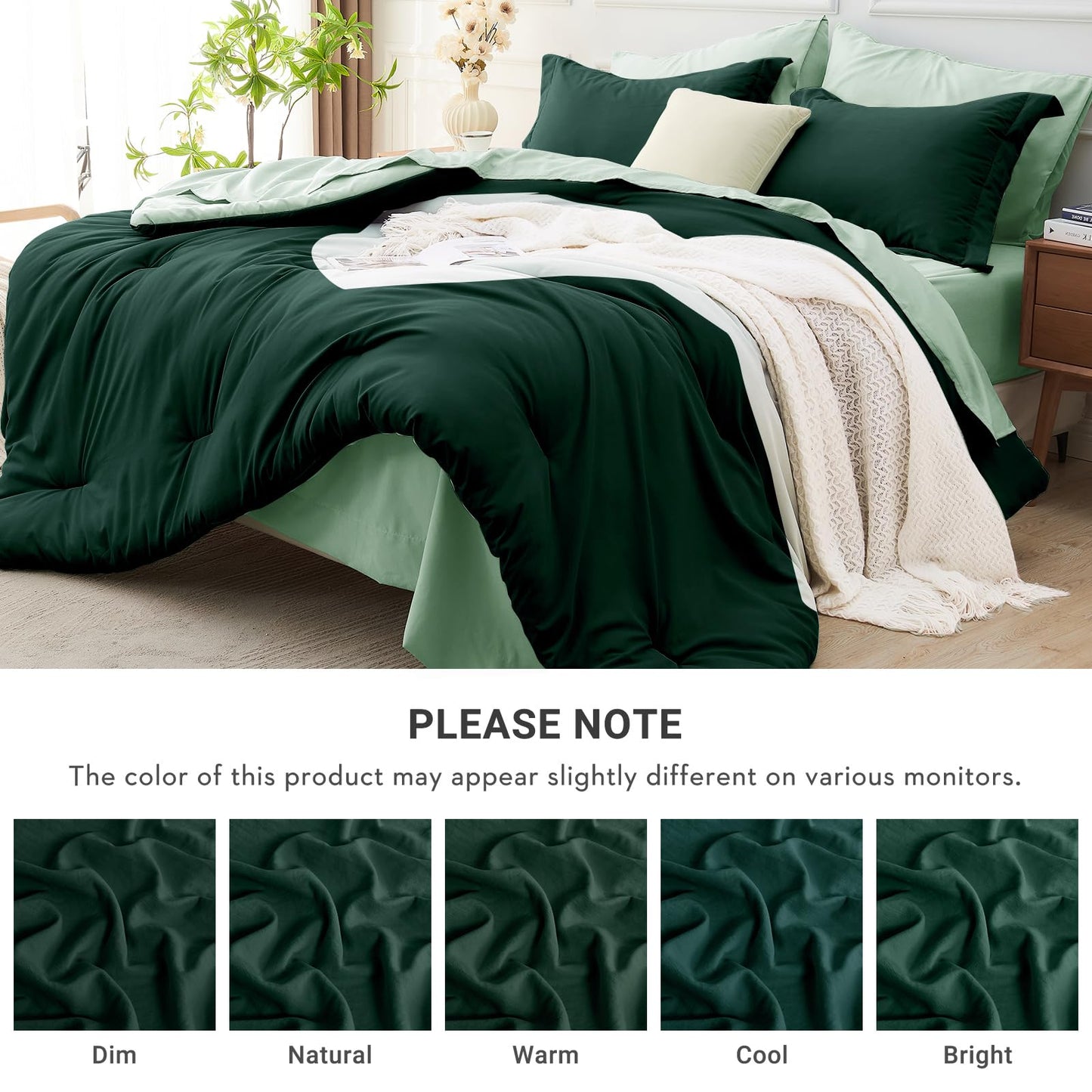 MUXHOMO 7 Pieces King Comforter Set, Soft Bed in a Bag King Size, All Season Bedding Set with Comforter, Flat Sheet, Fitted Sheet, Pillowcases & Shams, Forest Green & Sage Green