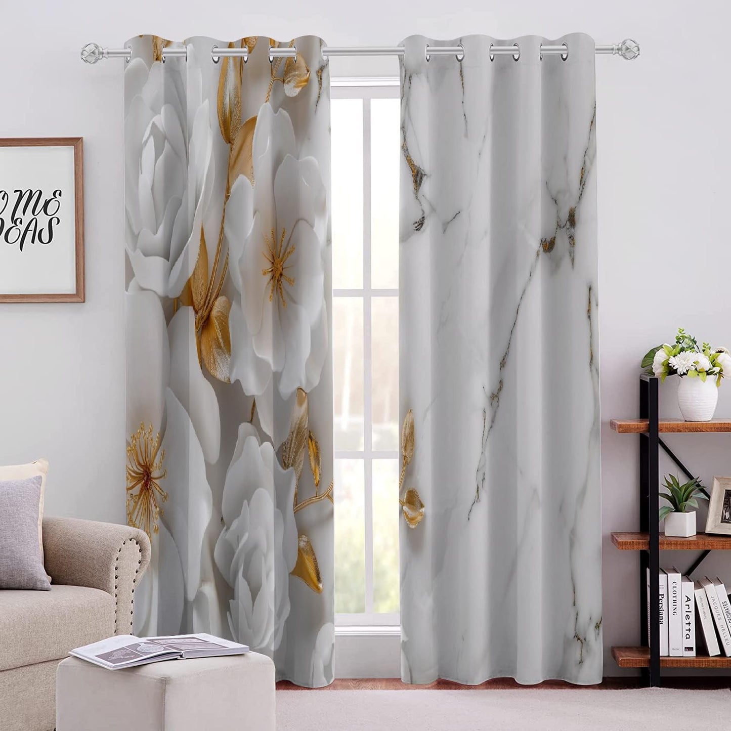 White Elegant Flowers Blackout Curtains, Golden Bright Leaves 3D Print Drapes Set of 2 Panels, Grommet Thermal Insulated Darkening Window Drapes for Living Room Bedroom(84" W x 84 "L)