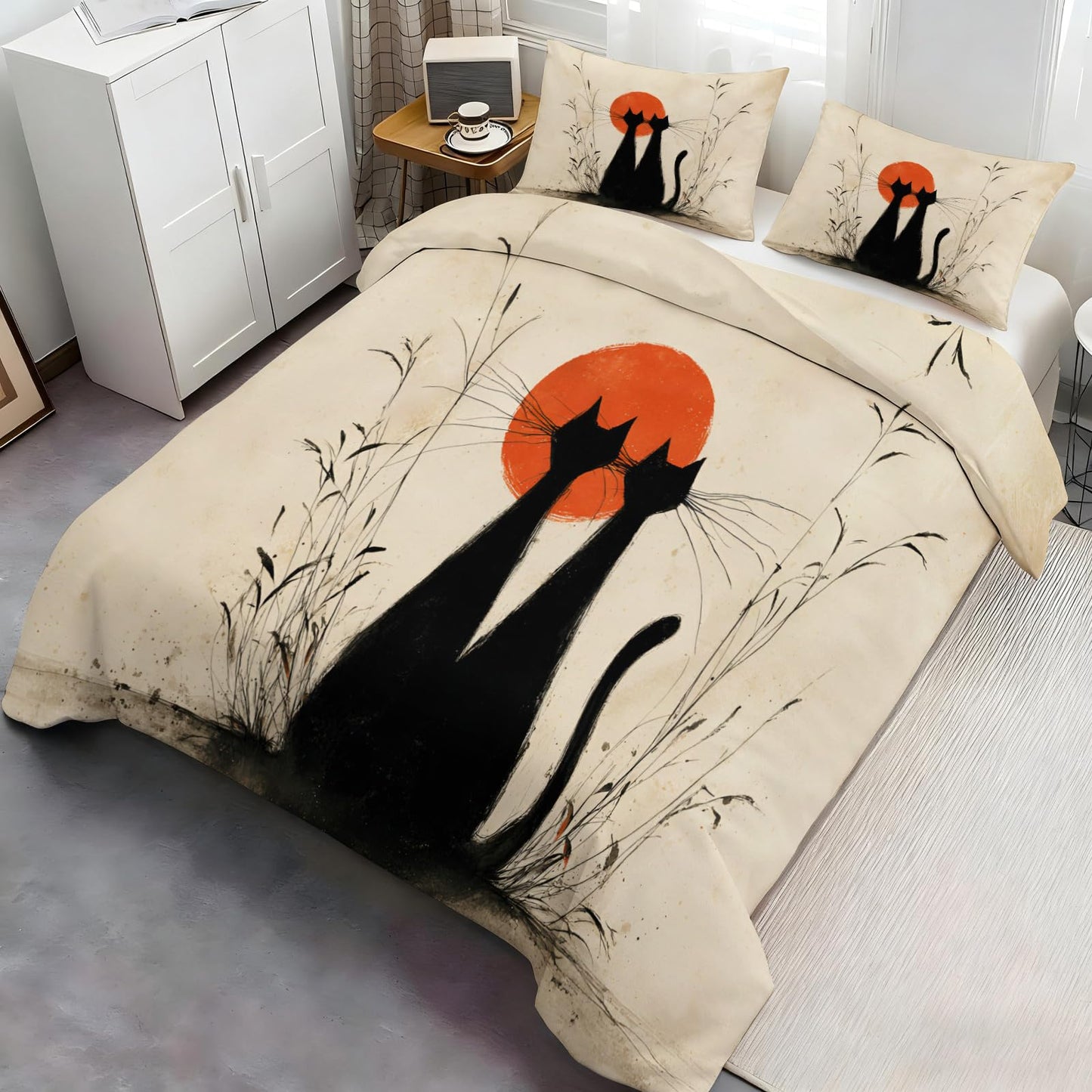ZAMODE Cat Comforter Cover Queen Size 90" x 90", Retro Black Kitten Duvet Cover, Cat Lovers Bedding Set with 2 Pillowcases