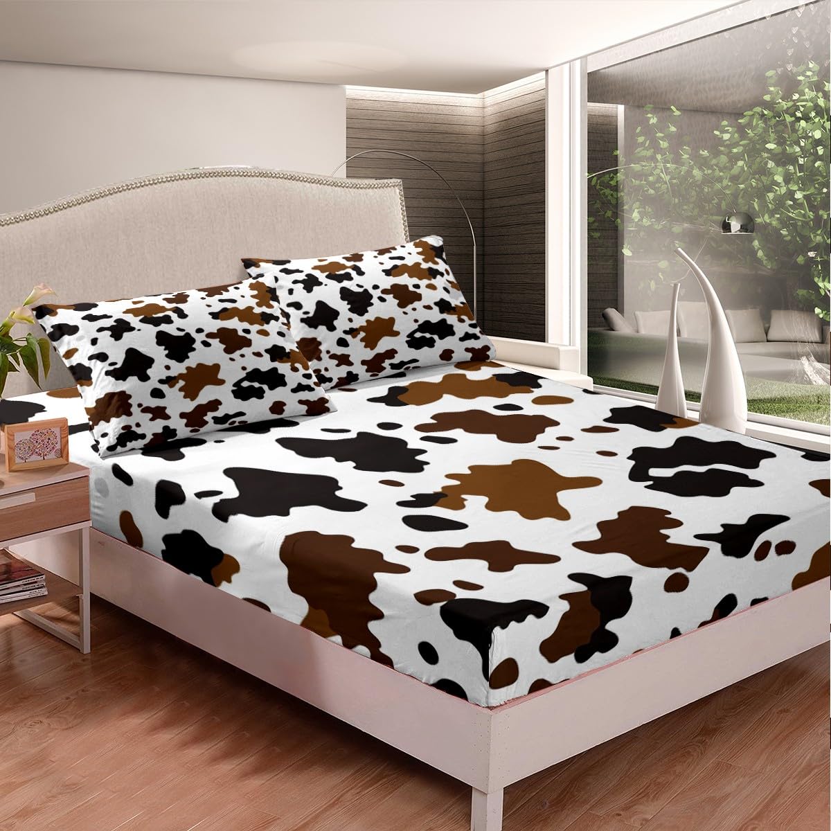 Cowhide Fitted Sheet Farm Cow Print Bedding Sets Brown Black Tie Dye Sheet Set for Kids Boys Girls Adults Farmhouse Animal Western Cowboy Top Flat Sheet with 2 Pillow Cases King