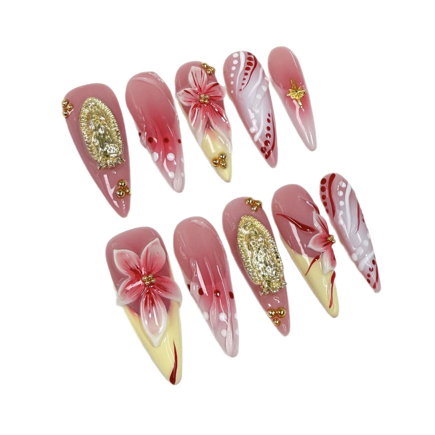 Long Press on Nails Handmade Almond Fake Nails French Tip False Nails 3D Flower Art Designs Acrylic Nails Press Ons Sparkly Reusable Glue on Nail for Women 10Pcs Nail Decorations (Size M)