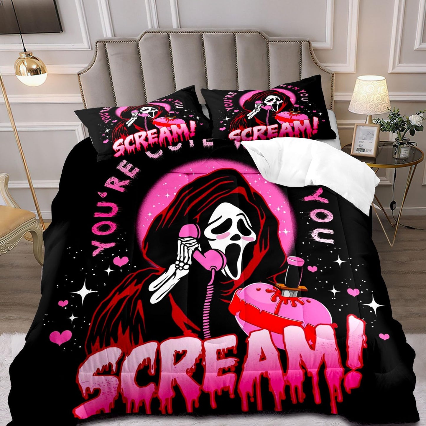 OLEBETY 2 Pieces Funny Ghost Comforter Set Twin Size, Teen Girls Bedding Set, Hot Pink and Black Bedding, Gothic Spooky Scary Horror Scream Skull Face Heart Halloween Bedroom Decor, 1 Pillowcase