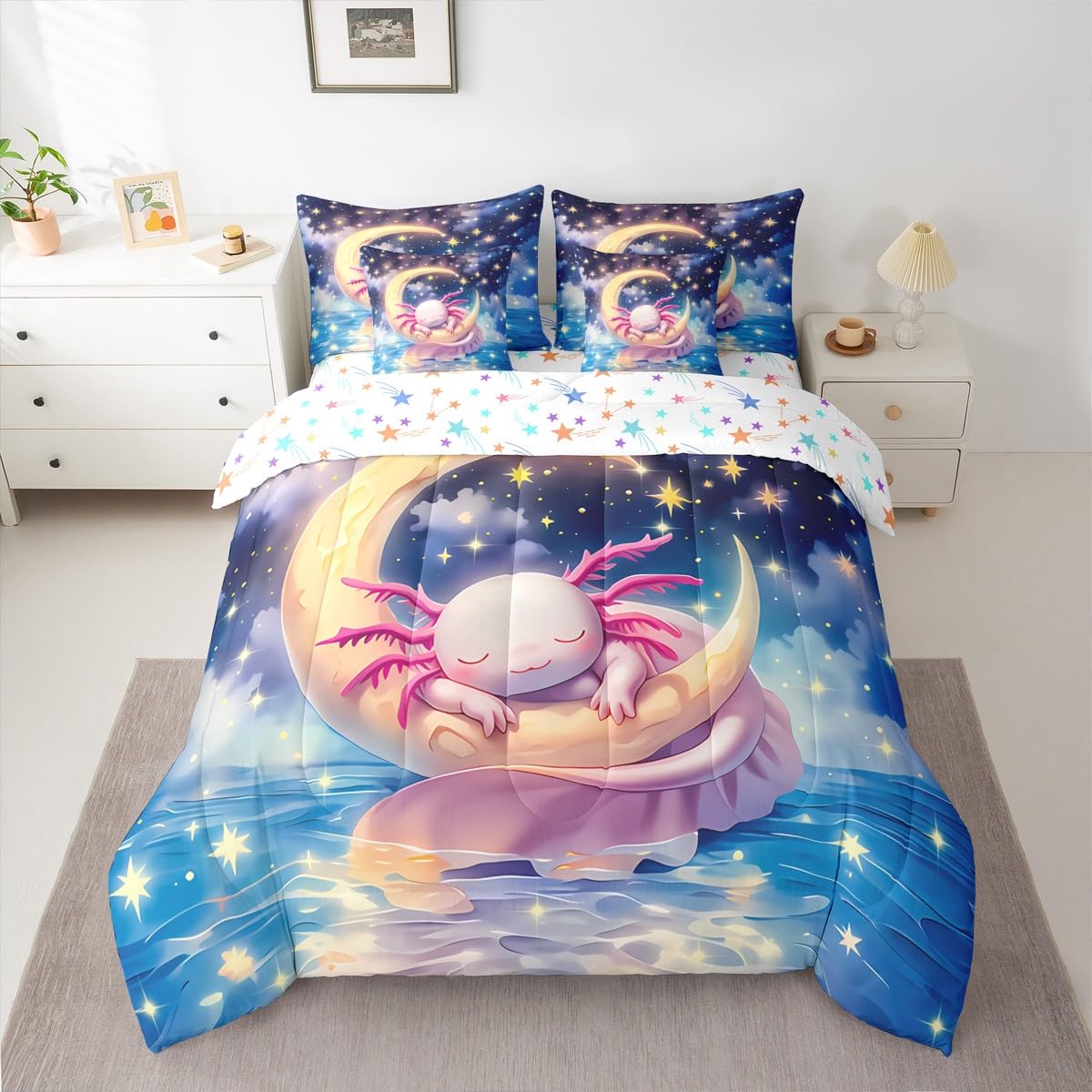 Erosebridal Kids Cute Axolotl Queen Comforter Set Teen Girl Cartoon Ocean Animal Bed in a Bag Preppy Dreamy Fantasy Axolotl 7-Piece Bedding Set Space Stars Galaxy Salamander Quilt Duvet Sets