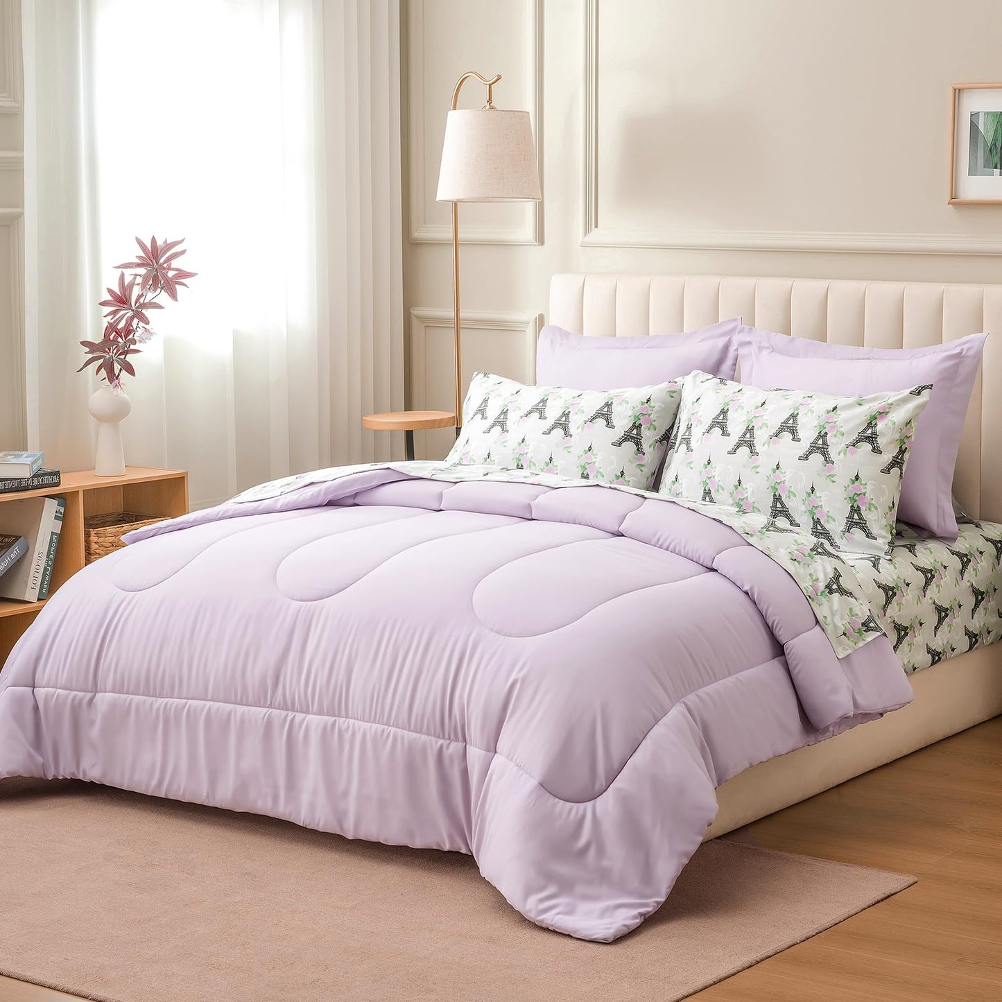 ARTALL Twin Bed in a Bag 5 Pieces, Light Purple Solid Comforter with Eiffel Tower Floral Sheet Set, French Chic Style Soft Bedding Sets with Comforter, Sheets, Pillowcase & Sham for All Seasons
