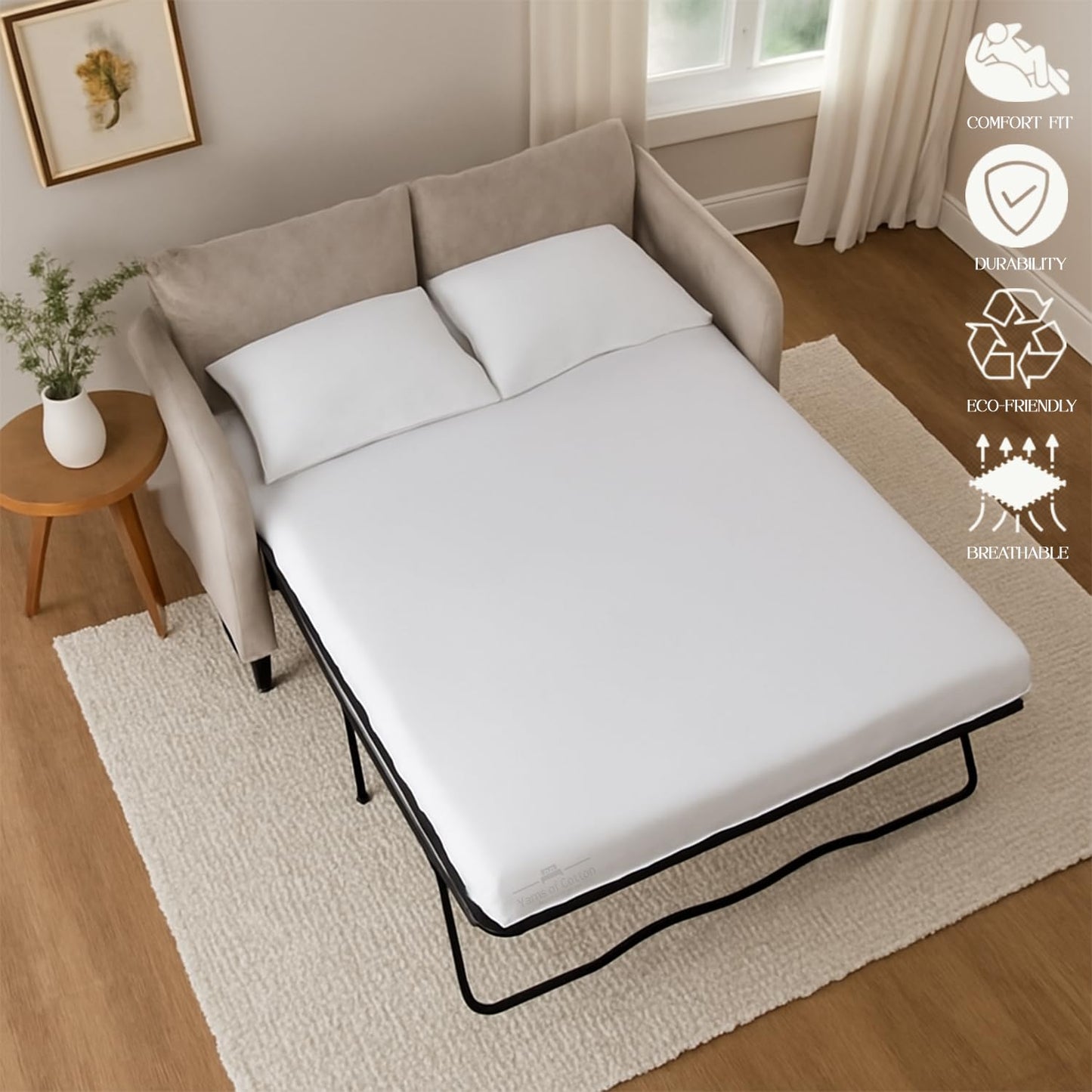 Sleeper Sofa Bed Sheet, 100% Cotton 400 Thread Count, 4 Piece Set, Deep Pocket Fitted Sheet, Soft Wrinkle Free & Breathable, Luxury Hotel Quality, Fits Up to 6 Inch Mattress (Full, White)