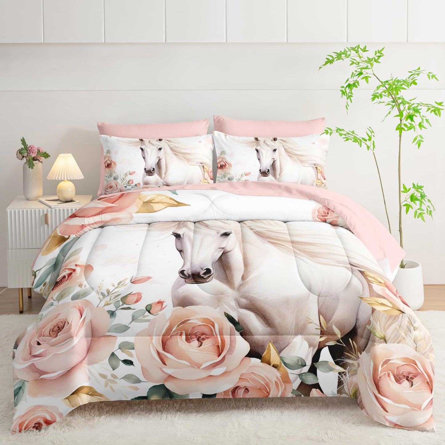 AILONEN Girls Horse Comforter Set Twin Size, Pink Flower White Bedding Set,7 Pieces Bed in a Bag,Cute Wild Animal Themed Comforter + Fitted/Flat Sheet + 2 Pillowcases + 2 Shams