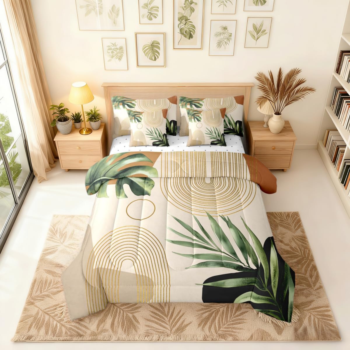 Erosebridal Boho Sage Green Full 7 Pcs Bedding Set, Abstract Bohemian Mid Century Comforter Set with Sheets, Modern Golden Geometric Minimalist Bed in A Bag, Plant Botanical Palm Leaf Bed Sets