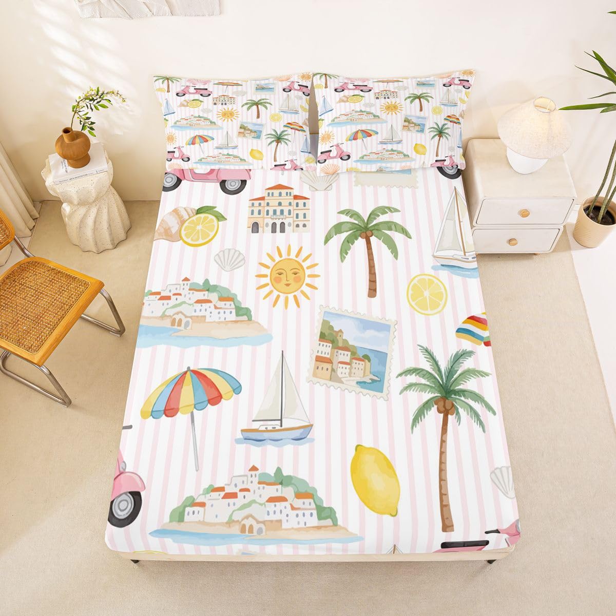 Summer Coastal Fitted Sheets Full Size (No Flat),Ocean Beach Life Bedding Set 3Pcs,Kids Teens Woman Room Decor,Tropical Coconut Tree Lemon Bed Sheet Sun and Pink Bike Deep Pocket Sheet,2 Pillowcases