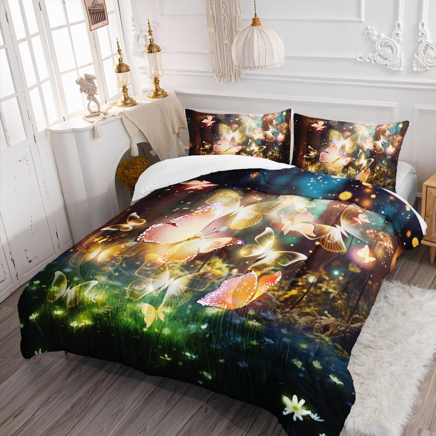 AILONEN Butterfly Comforter Set Queen Size, Fairy Tales Forest Beautiful Princess Girls Bedding Set, 3 Pieces Soft Lightweight Quilt with 2 Pillowcases
