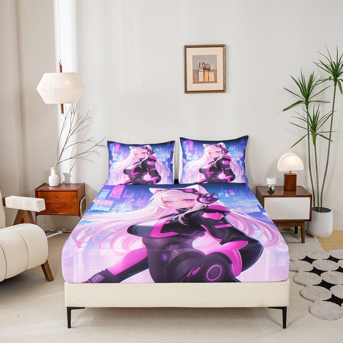 Erosebridal Twin Anime Girl Bed Sheets 2 Piece, Kawaii Japanese Anime Bedding Set Cartoon Girl Fitted Sheet Sci Fi Style Japanese Animation Sheets for Kids Girls Teens Adult Room