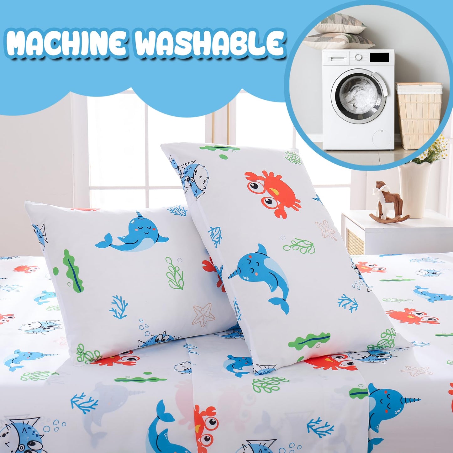 Yibeizi Twin Sheets Set Kids Beach Bedding Coastal Bed Sheets for Boys Ocean Print Bedsheets Microfiber Deep Pocket Nautical Patterned Bed Sheet & Pillowcase Sets 3 Pieces