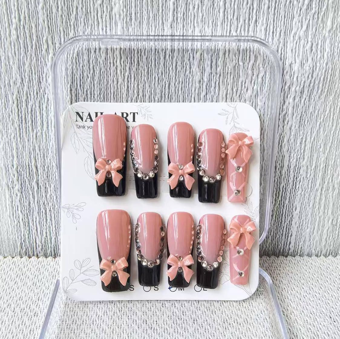 Handmade Press on Nails Long Square Fake Nails Black French Tip with 3D Bow Designs luxury Glossy Rhinestones Cute Acrylic Nails for Women 10pcs (Size M）