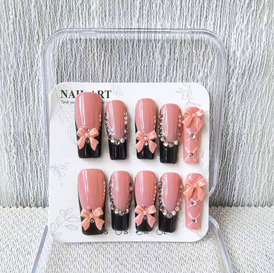 Handmade Press on Nails Long Square Fake Nails Black French Tip with 3D Bow Designs luxury Glossy Rhinestones Cute Acrylic Nails for Women 10pcs (Size M）