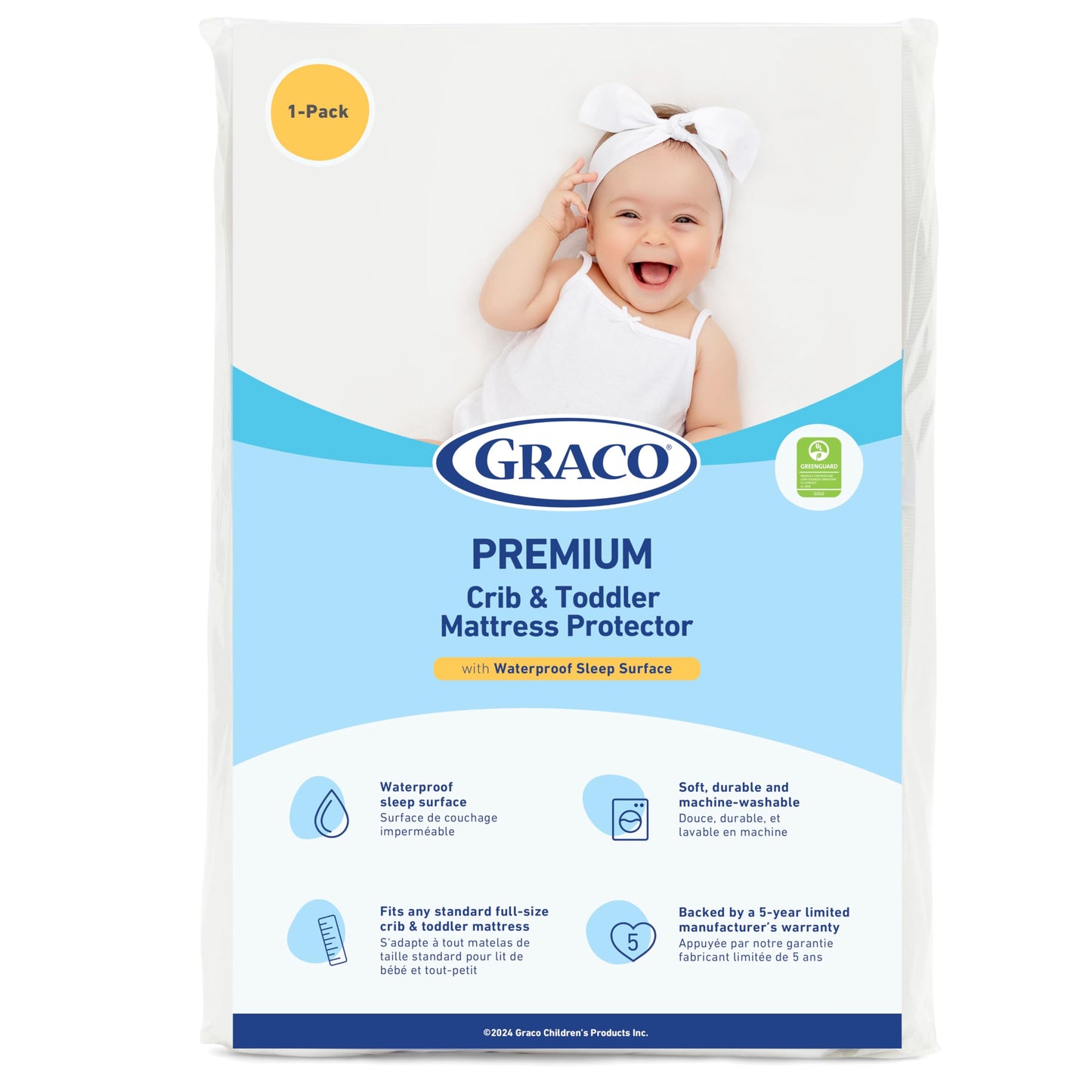 Graco Premium Waterproof Crib and Toddler Mattress Protector (1 Pack) – GREENGUARD Gold Certified, Machine-Washable & Dryer-Friendly, Waterproof Sleep Surface, Fits Baby Crib & Toddler Bed Mattress