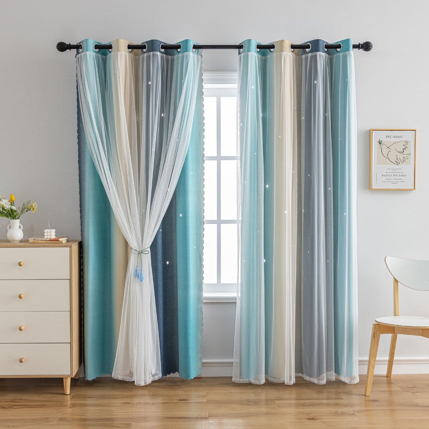 conokata Star Girl and Kids Curtains for Bedroom Rainbow Ombre Double Layer Cute Shot Nursery Darkening Grommet Princess Room Décor 2 Panels Living Room Window Curtain (Yellow-Blue, 52W x 63L)