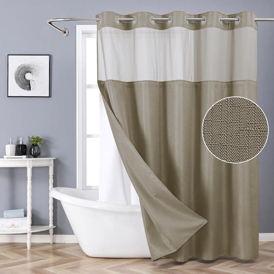 eachope Extra Long No Hook Shower Curtain with Snap-in Fabric Liner Set,Slub Textured Fabric Shower Curtains for bathroom,Hotel Style Modern Shower Curtain,Water Repellent,Washable,71x86(84),Tan/Khaki