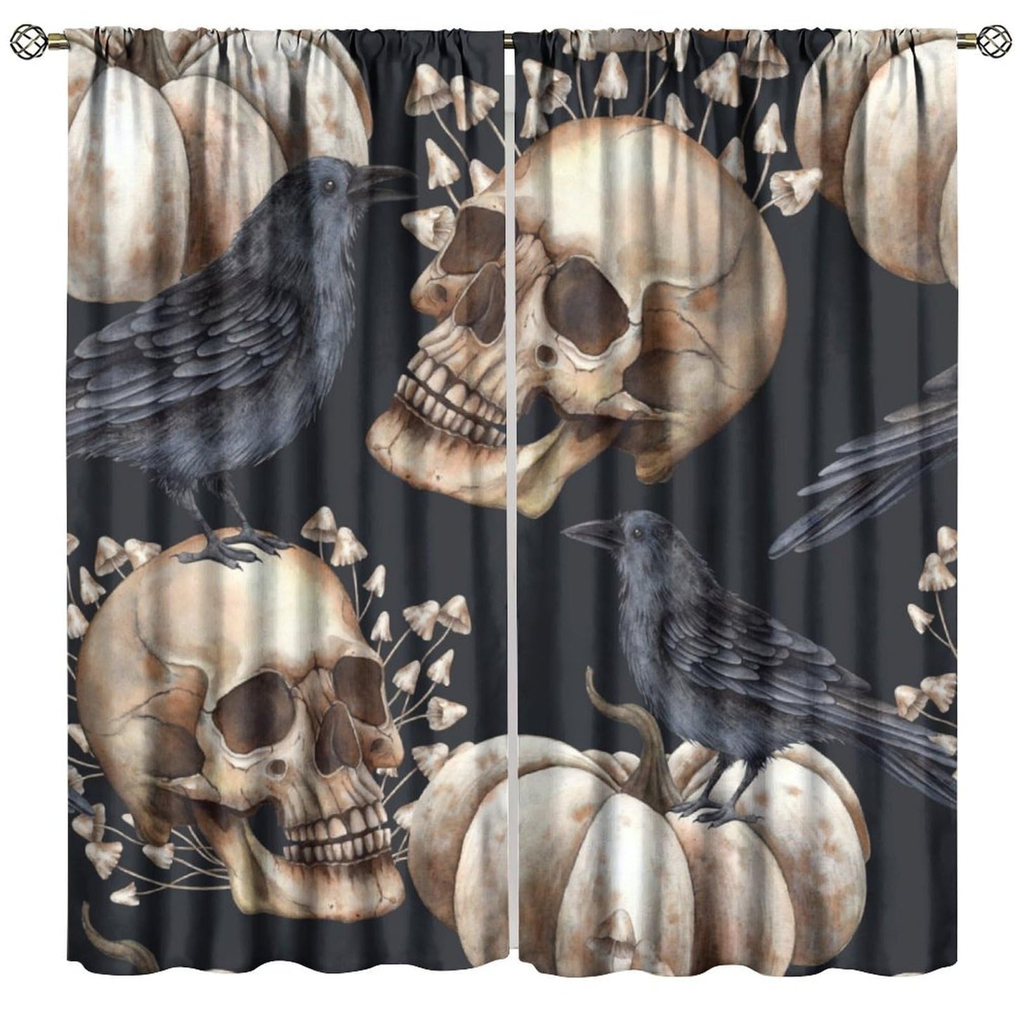 HZOHNAGO Gothic Crow Curtains Skull Mushroom Pattern Blackout Print Rod Pocket Window Drapes for Bedroom Living Room 42x45in