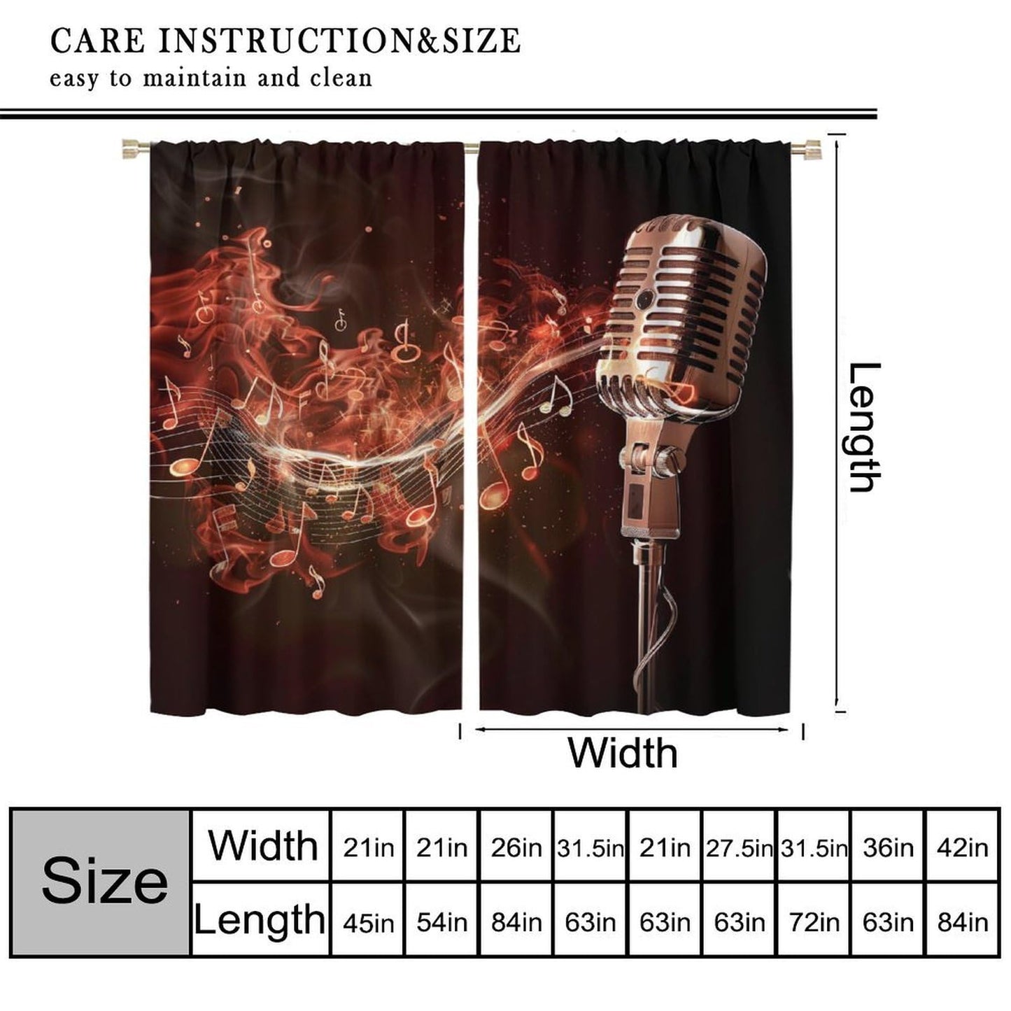 wlsgdsg Music Curtains Retro Cool and Trendy 3D Flame Art Microphone Music Notes Windows Treatments Rod Pocket Drapes for Kids Boys Girls Living Room Bedroom 42x44.5In（No Blackout）