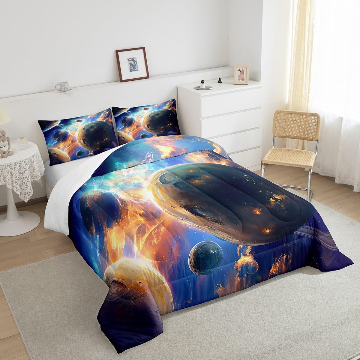 jejeloiu Solar System Bedding Set Full Size Kids Outer Space Comforter for Boys Girls Universe Planets Comforter Set Galaxy Duvet Set Room Decorations Quilt Set