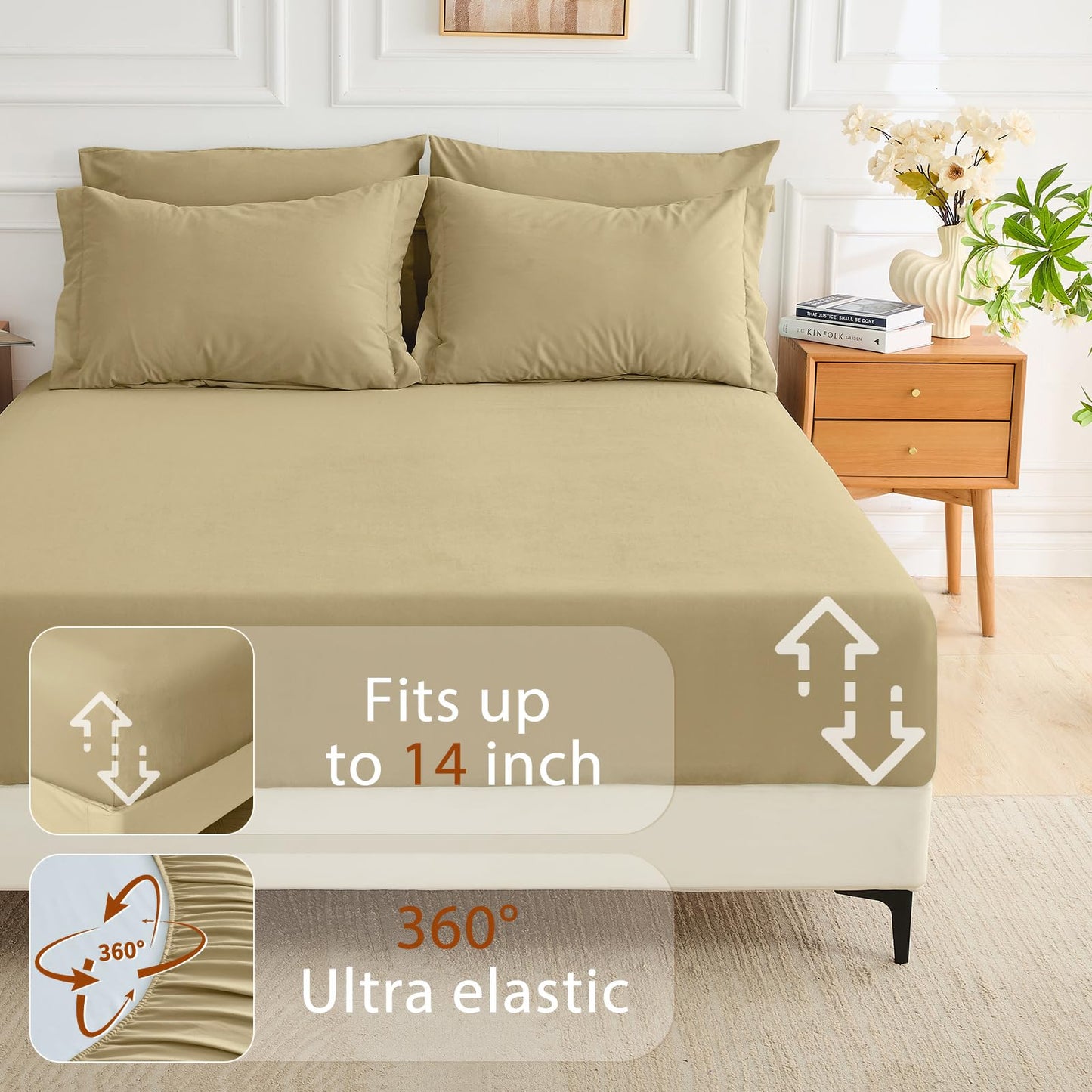 MUXHOMO 7 Pieces King Comforter Set, Soft Bed in a Bag King Size, All Season Bedding Set with Comforter, Flat Sheet, Fitted Sheet, Pillowcases & Shams, Khaki