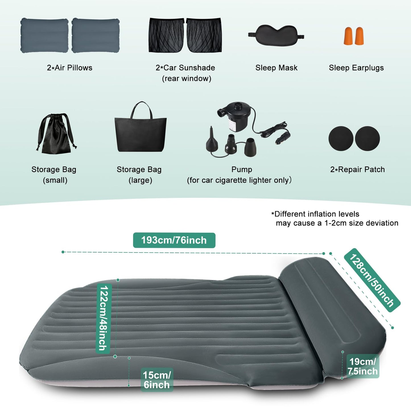 Ciremiv SUV Air Mattress, Double-Sided Thick Flocked Car Air Mattress with Built-in Pump & Pillow, Complete Sleeping Accessories for Auto Camping & Road Trips（Green+Charcoal）