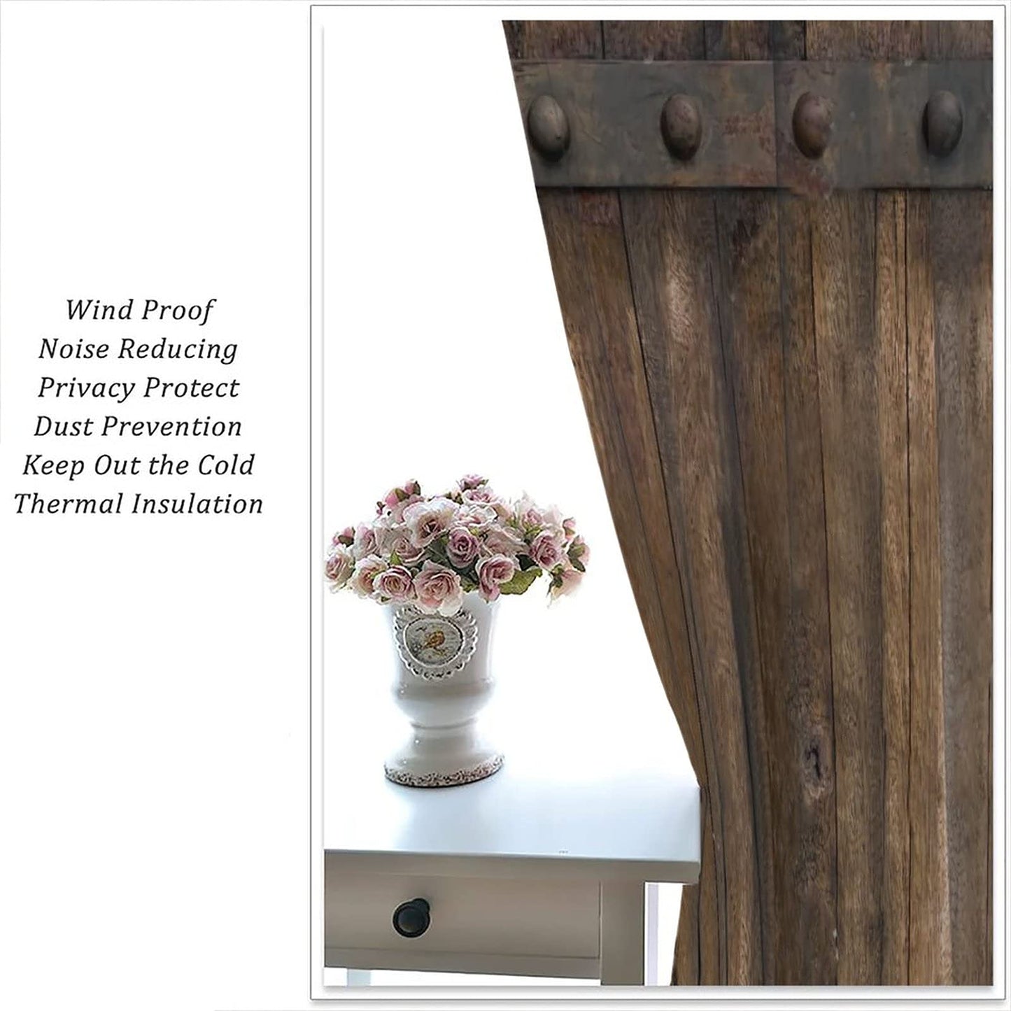 Rustic Wooden Barn Door Curtains Pocket Curtains Timber Wood Brown and Old Metal Panels Texture Thermal Insulated 42x63inch(107x160cm)
