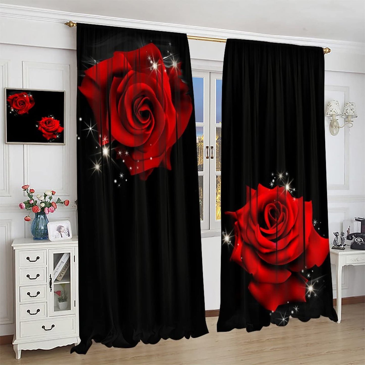 JESTRONRY Black Red Rose Curtains,Rose Floral Lover Romantic Women Bedroom Decor Female Girl Valentine Theme Blackout Rod Pocket Window Drapes for Living Room Bedroom Decor W42xL45in