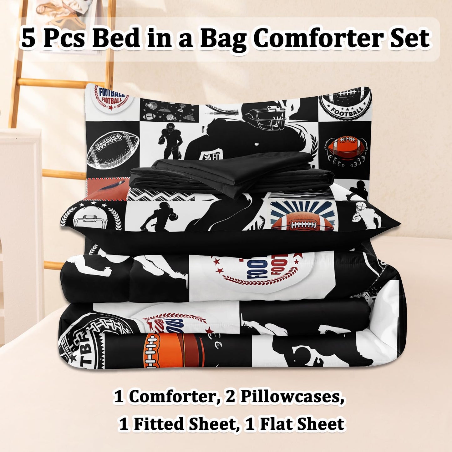 HICAND 5 Pcs Football Full Bedding Set for Boys Teens, Full Size Sports Cool Football Boys Comforter Set with Sheets