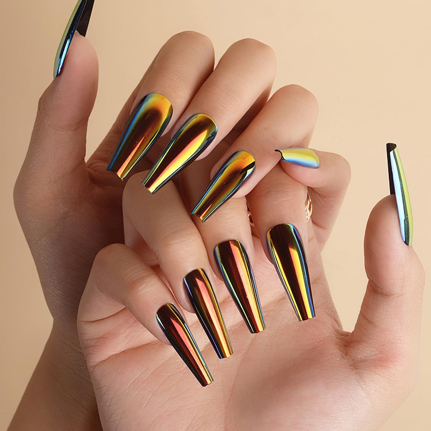 ROFIBUT 24pc Chrome Press On Nails Long Ballerina Glue on Nails Holographic Fluorescent Art Coffin False Nails Laser Mirror