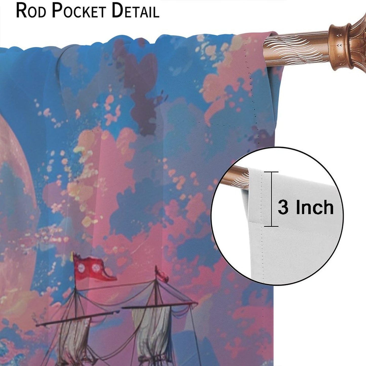 TOWINSFB Asian Sea Wave Blackout Curtains, Nautical Old Ship Floral Moon Home Decor Rod Pocket Window Drapes for Living Room Bedroom- 2 Panels, Each 21" W x 63" L