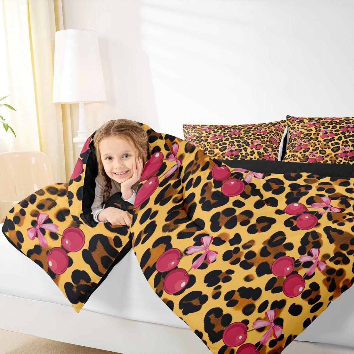 Erosebridal Pink Cherry Bow Comforter Set Leopard Print Full Size Bedding Sets | Cute Ribbon Bowknot Comforter Modern Cheetah Print Bed Set