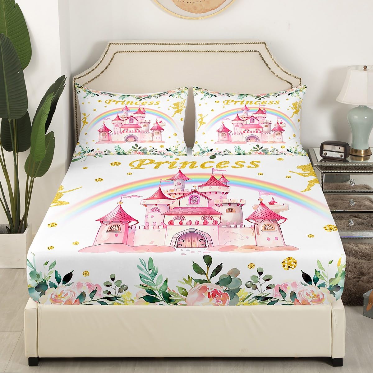 Erosebridal Princess Twin Fitted Sheet,Pink Castle Dreamy Bedding Set for Girls Kids,Fairy Garden Floral Bed Set,Cute Rainbow Pink Bed Sheets 2Pcs Bedroom Decor (No Flat Sheet)